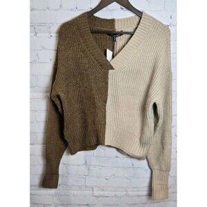 37 Orchard Women's Crop Color Block Sweater V Neck Beige Brown Size Md NWT